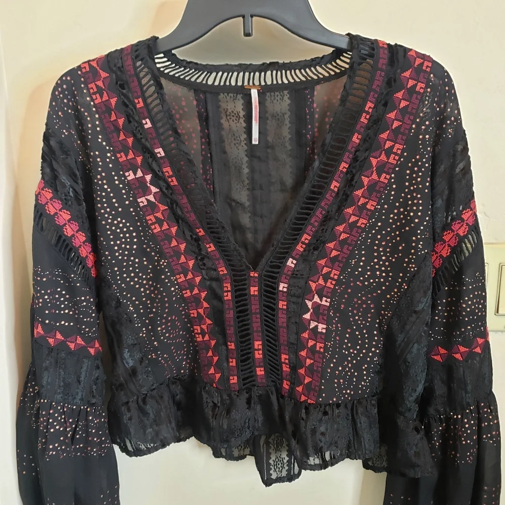 Free People embroidery and lace bell sleeve crop blouse, black and red, XS